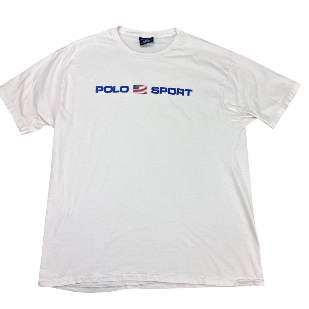 VTG 90s Polo Sport Ralph Lauren Flag T Shirt Large USA Made White Streetwear Y2K